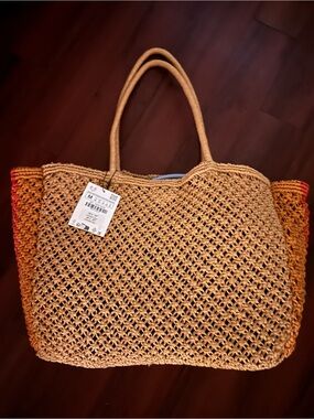 🆕 Zara Woven Straw Tote Bag in Natural with Orange Accent -